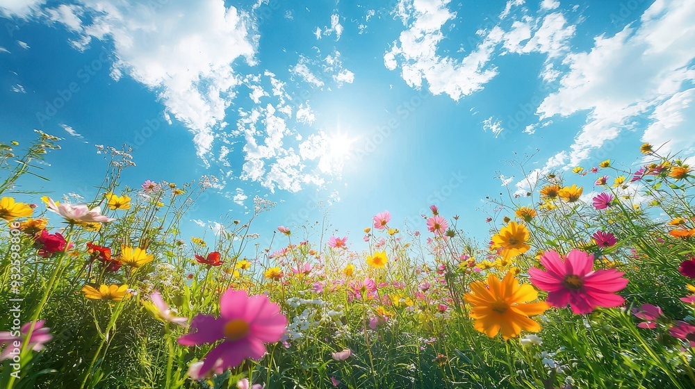 Poster Colorful Wildflowers Blooming in Sunny Meadow with Blue Sky and Clouds