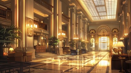 Fototapeta premium An opulent hotel lobby showcases grand architecture with polished floors, elegant lighting, and rich decor, illuminated by warm sunlight