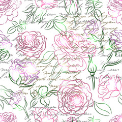 Seamless pattern with line art illustrations of styled roses isolated on white. Summer seasonal concept with flowers for decorations, invitations, greeting cards, weddings. No foreign language.