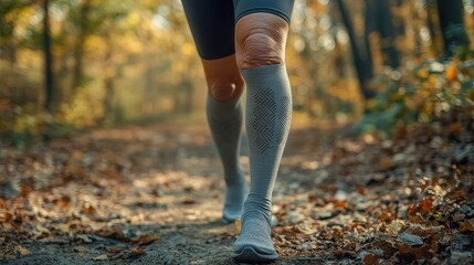 Elderly Individual Wearing a Grey Compression Knee Sleeve for Joint Support and Pain Relief. Effective Solution for Knee Health, Mobility, and Comfort in Seniors.