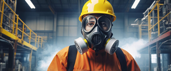 professional a gas mask engineer factory in protective uniform operating machine, Engineering worker in safety hardhat at warehouse industrial facilities, Heavy Industry Manufacturing , An abstract di