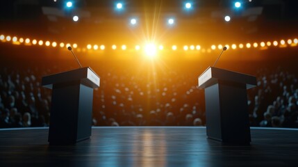 A public debate with two candidates presenting their platforms to an engaged audience