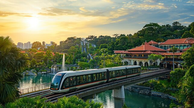 Modern Train Crossing Bridge Over Water with Sunset and Buildings in Background