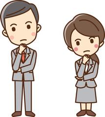 Illustration of a man and woman in business suits with their hands on their chins and their heads tilted back.