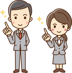 Illustration of a man and woman in business suits raising their index fingers.
