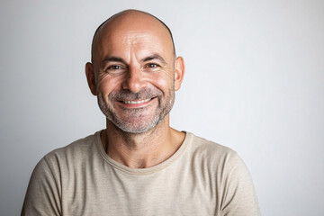 A bald and happy man with no hair problems posing against a white background, radiating confidence and contentment.