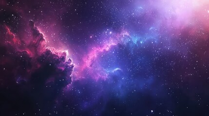 Fototapeta premium A cosmic space scene with a vibrant gradient of colors, including deep blues, purples, and pinks. Stars and galaxies are scattered across the sky, creating a sense of wonder and exploration in the