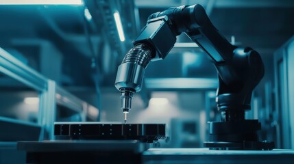 A robotic arm in an industrial setting, performing precise tasks with speed and accuracy. The scene highlights the role of robotic automation in manufacturing, as robots become essential tools for