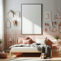 Mockup poster frame in minimalist bedroom, 3d render