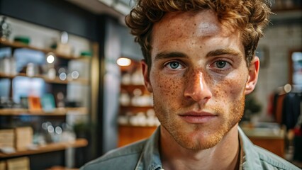 Obraz premium Close-up portrait of young man with freckles and blue eyes.