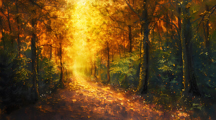 Obraz premium Serene Forest Path at Sunset Painting: Rough Brush Textured Artwork Depicting Tranquil Evening in Nature