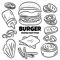 Set of Burger Outline Doodle Sketch. Fast Food illustration in Black and White Sketch