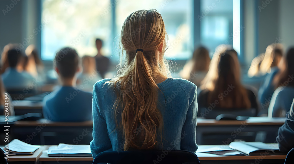 Poster a classroom scene with students attentively listening to a lecture.