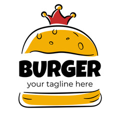 Simple Burger Logo illustration with Crown. Hand Drawn Fast Food Theme Logo
