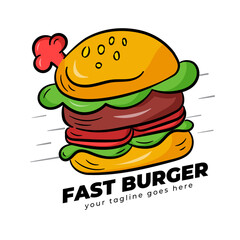 Fast Burger Logo with Chef Hat, fast food and take-away service. Handmade Junk Food Logos in Doodle Style