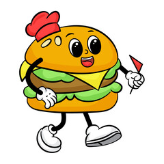 Chef Burger Cartoon Wearing a Chef Hat With Bring Flag. Hand-drawn Fast Food Theme in Doodle Style