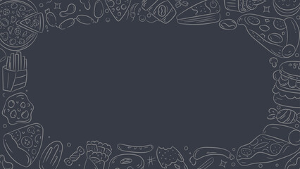 Fast Food Frame Background in Outline Hand Drawn. Junk Food Frame Collections