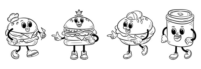 Set of Burger Groovy Cartoon Mascot in Outline Sketch. Hand-Drawn Fast Food or Junk Food Doodle Style