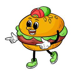 Colorful Burger Groovy Cartoon Wearing a Hat With Pointing Hand. Hand-drawn Fast Food Theme in Doodle Style