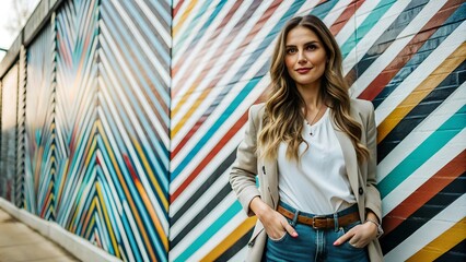 Woman standing in front of a colorful wall.