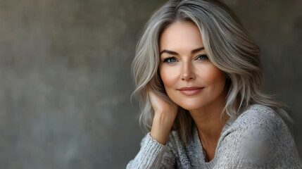 Fototapeta premium A close-up portrait of a woman with silver hair, smiling gently.