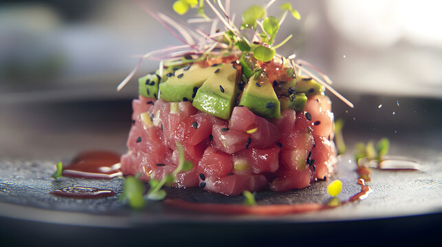 Tartare di tonno avocate reduction di soia erbe micro