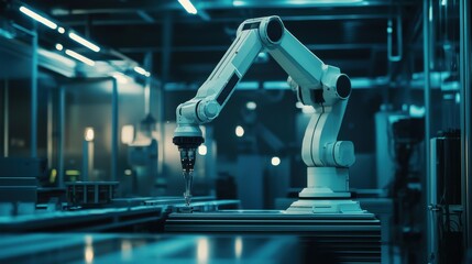 A robotic arm in an industrial setting, performing precise tasks with speed and accuracy. The scene highlights the role of robotic automation in manufacturing, as robots become essential tools for
