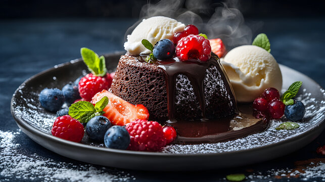 Delizioso cioccolato fuso gelato vaniglia e frutta fresca