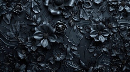A dark and intricate design of black flowers and leaves, with a 3D effect. The background is a black textured surface.