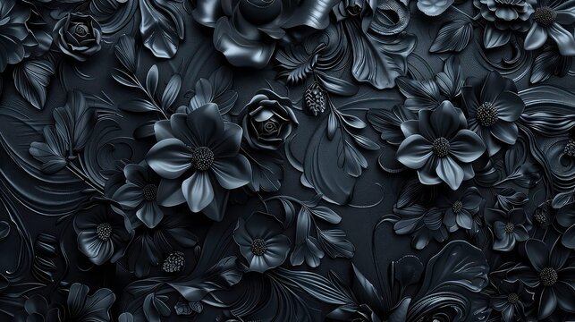 A dark and intricate design of black flowers and leaves, with a 3D effect. The background is a black textured surface. - Powered by Adobe