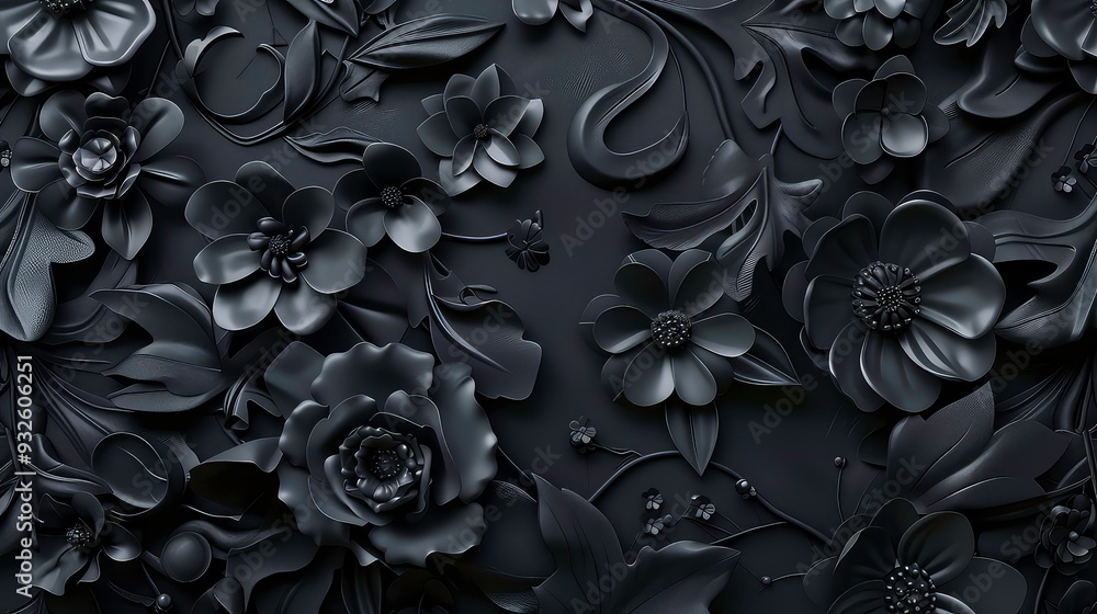 Poster a close-up of a black and white floral pattern. the flowers are made of paper and have a 3d effect. 