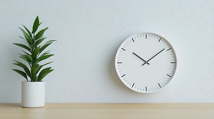 Close-up of a white minimalist clock on a wooden table, sharp focus on clean lines and texture, bright natural lighting, simple and elegant mood, copy space for text,