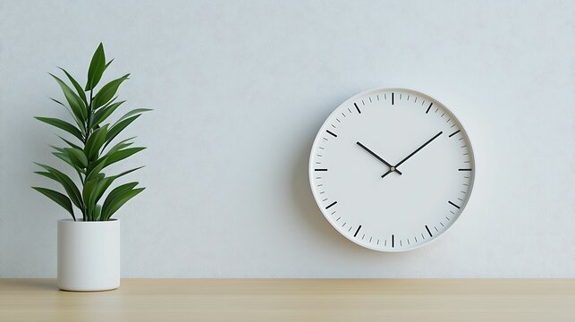 Close-up of a white minimalist clock on a wooden table, sharp focus on clean lines and texture, bright natural lighting, simple and elegant mood, copy space for text,