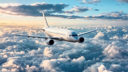 Fototapeta premium Airplane Soaring Above a Sea of Clouds at Sunset