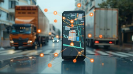 a smartphone with a logistics app showing route optimization and delivery schedules.