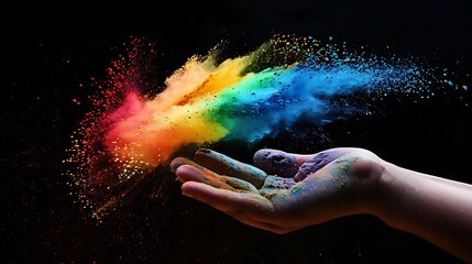 Magic rainbow-colored powder that erupts from the palm of a cupped hand creates a brilliant cloud of dust with a rainbow of colors over a black background.