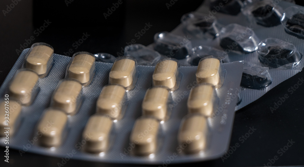 Poster a stack of pills with a plastic wrapper on top