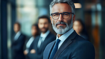 Fototapeta premium A confident businessman stands in a professional setting with colleagues.