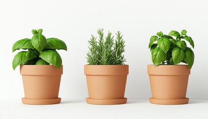 Obraz premium Organic herb garden, pots with fresh basil, mint, and rosemary, 3D illustration