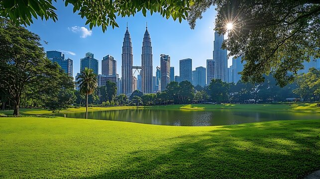 Scenic Kuala Lumpur skyline Amazing view of a green city park in Kuala Lumpur Malaysia Highrise buildings are visible on blue sky background Kuala Lumpur is a popular tourist destinati : Generative AI