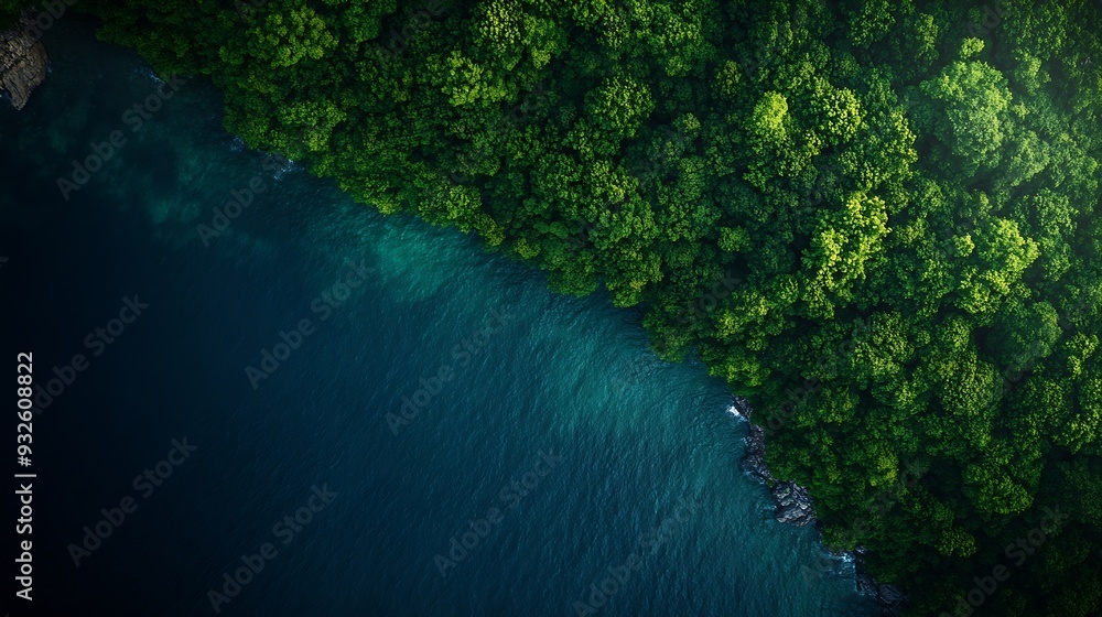 Poster aerial view of the dark green forest and the sea natural ecosystems of forests and oceans concept of