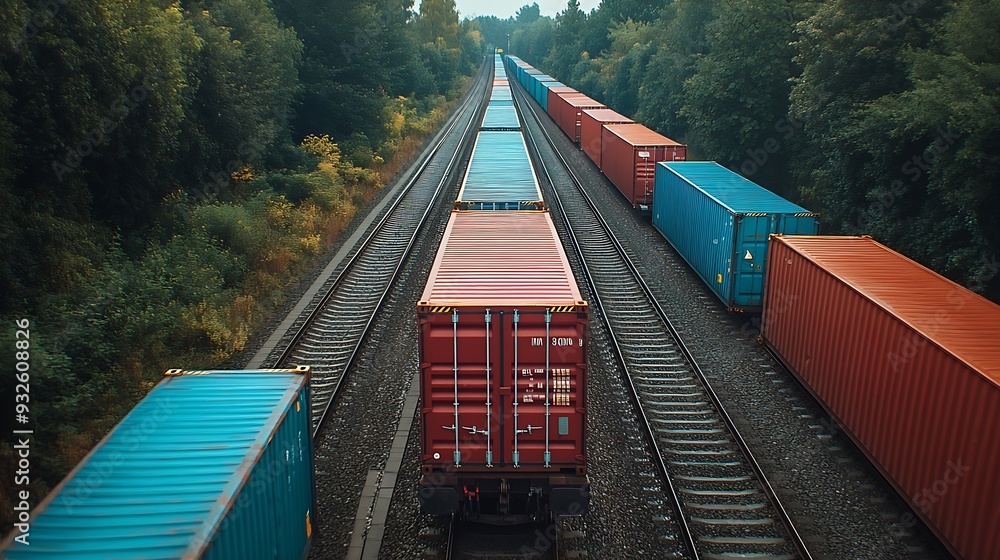 Poster train wagons carrying cargo containers for shipping companies distribution and freight transportatio