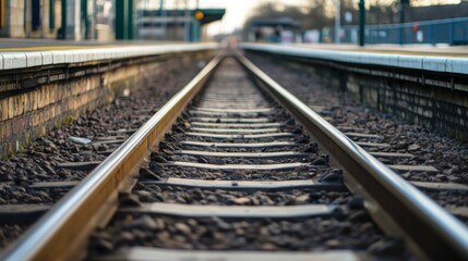 Detailed shot of a railway platform with tracks in view, showing the interaction between the platform and the rails, and the surrounding environment.