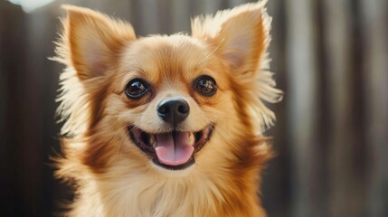 Detailed shot of a small dog with a cheerful demeanor, sitting with its tongue out and eyes sparkling, emphasizing its playful personality.