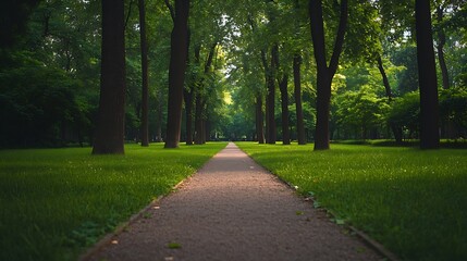 Obraz premium Straight pathway leading through a lush green forest park with tall trees and a serene atmosphere : Generative AI