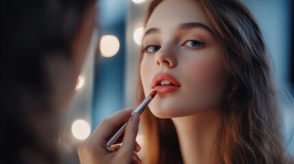 Fototapeta premium Detailed shot of a woman applying lipstick in a mirror, with her makeup perfectly done, emphasizing her attention to detail and beauty routine.