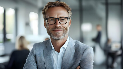 Naklejka premium A confident man in a business setting, smiling and engaging.