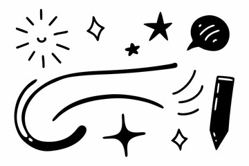 Set of black Sketch arrow shape set, Hand drawn brush stroke, speech bubble, underline, sparkle element. Vector illustration