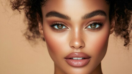 Fototapeta premium Detailed shot of a woman with perfect makeup application, including defined brows, radiant foundation, and glossy lips, emphasizing her polished beauty.
