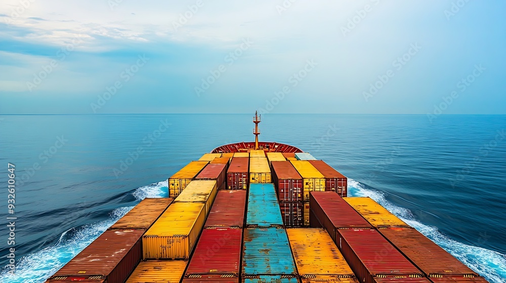 Poster view on the containers loaded on deck of the large cargo ship she is sailing through calm blue ocean